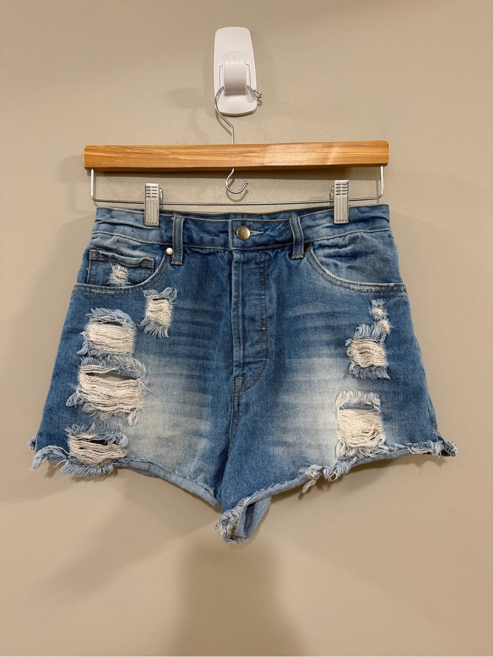 Women's Just For You Distressed High-Rise Denim Button Fly Shorts. Size S